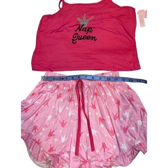Spoiled Angel Sleepy Nap Queen Cropped Cami Ruffle Trim PJ Short Set Pink Large - Picture 7 of 8